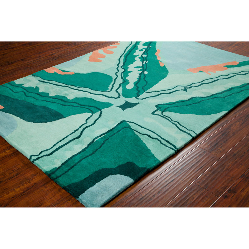 Rosecliff Heights Coffey Abstract Handmade Tufted Wool Aqua Area Rug